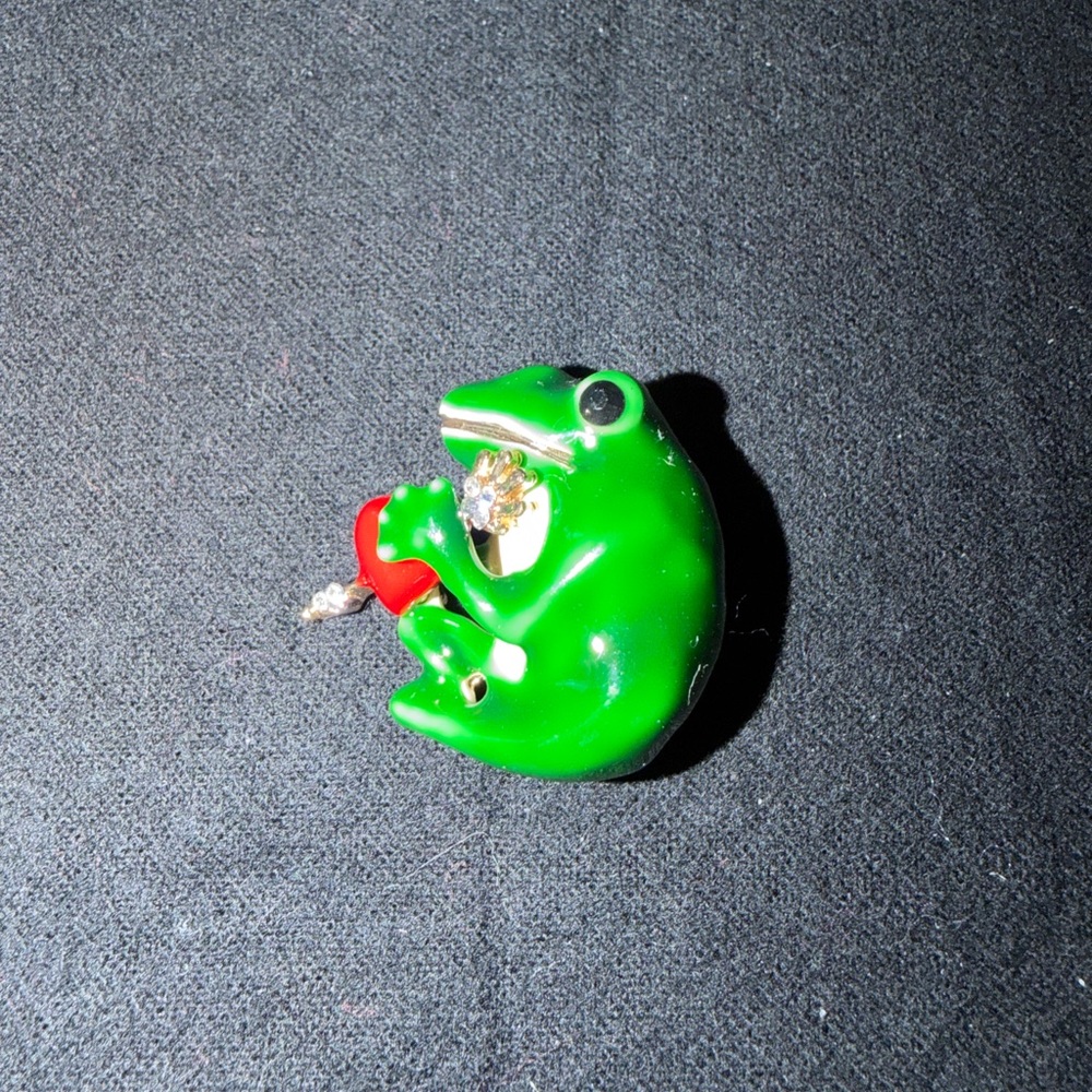 Green Frog Brooch with Red Accent
